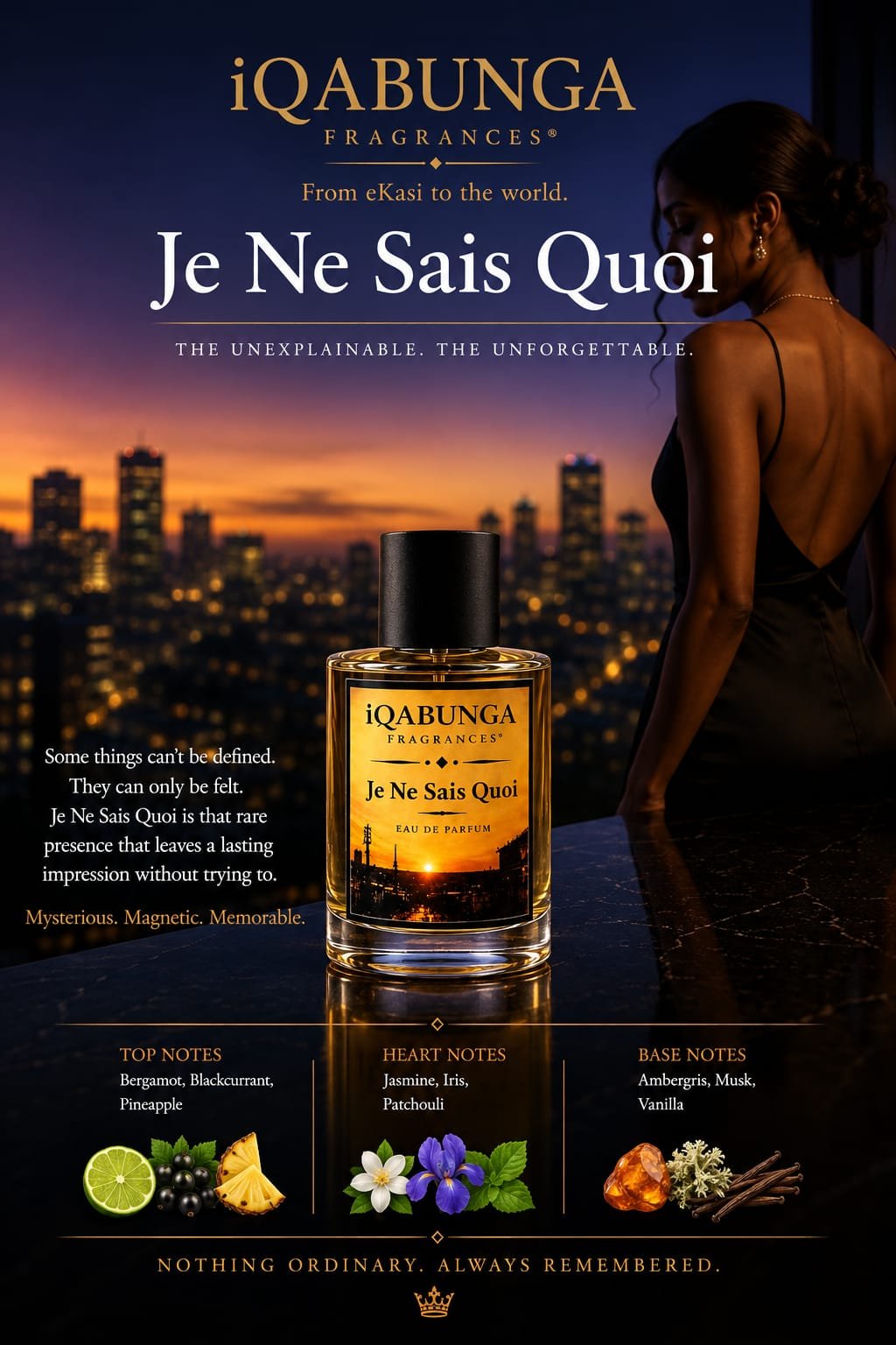 Je Ne Sais Quoi by iQABUNGA Fragrances, presented against a city sunset